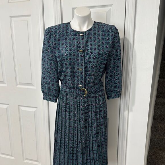 BRELI Original Vintage Elegant Blue Patterned Dress - Picture 1 of 9